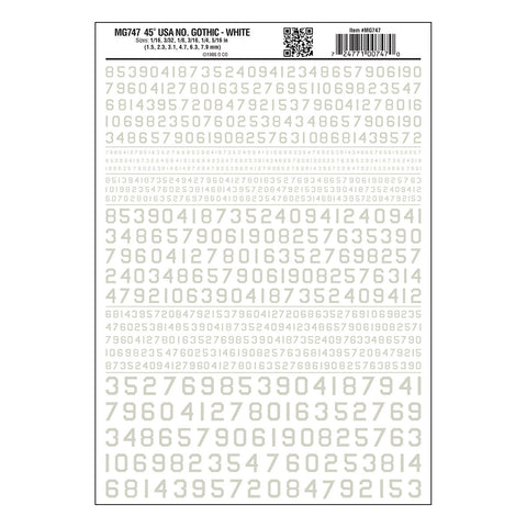 MG747 - Dry Transfer Numbers - 45° USA Gothic White (1.5mm to 7.9mm)