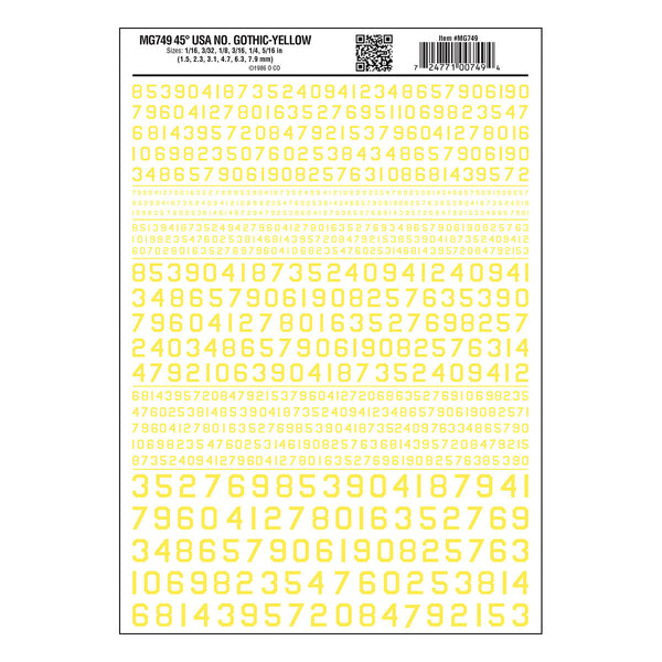 MG749 - Dry Transfer Numbers - 45° USA Gothic Yellow (1.5mm to 7.9mm ...