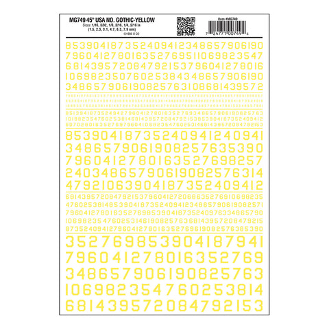 MG749 - Dry Transfer Numbers - 45° USA Gothic Yellow (1.5mm to 7.9mm)