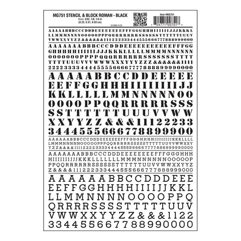 MG751 - Dry Transfer Numbers & Letters - Stencil & Block Roman Black (2.3mm to 6.3mm)