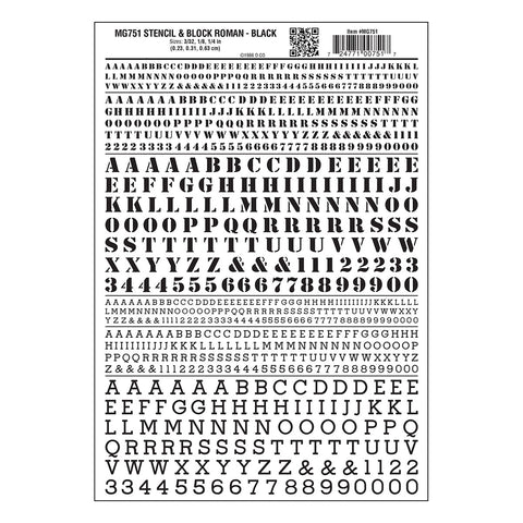 MG751 - Dry Transfer Numbers & Letters - Stencil & Block Roman Black (2.3mm to 6.3mm)