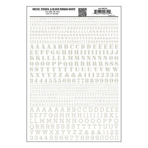 MG752 - Dry Transfer Numbers & Letters - Stencil & Block Roman White (2.3mm to 6.3mm)