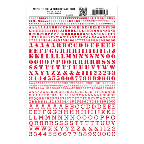 MG753 - Dry Transfer Numbers & Letters - Stencil & Block Roman Red (2.3mm to 6.3mm)