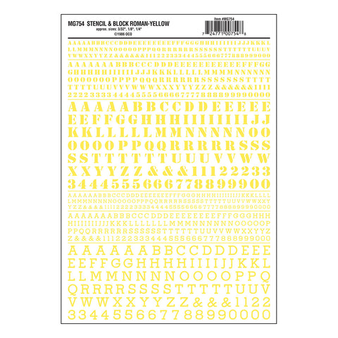 MG754 - Dry Transfer Numbers & Letters - Stencil & Block Roman Yellow (2.3mm to 6.3mm)