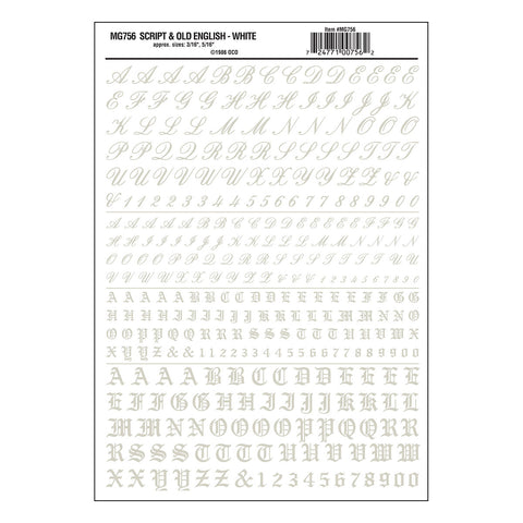 MG756 - Dry Transfer Lettering - Script & Old English White (4.7mm & 7.9mm)