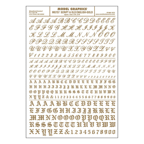 MG757 - Dry Transfer Lettering - Script & Old English Gold (4.7mm & 7.9mm)