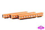 Powerline - PCCP-4 - Victorian ‘S’ Carriages Vic Rail Tea Cup Tangerine, Silver Ribbon - 3 Pack (HO Scale)
